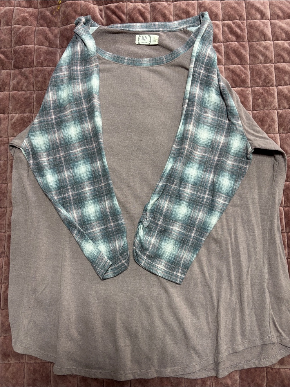 Maurices Long Sleeve Top - Taupe Body with Teal & Gray Plaid Sleeves